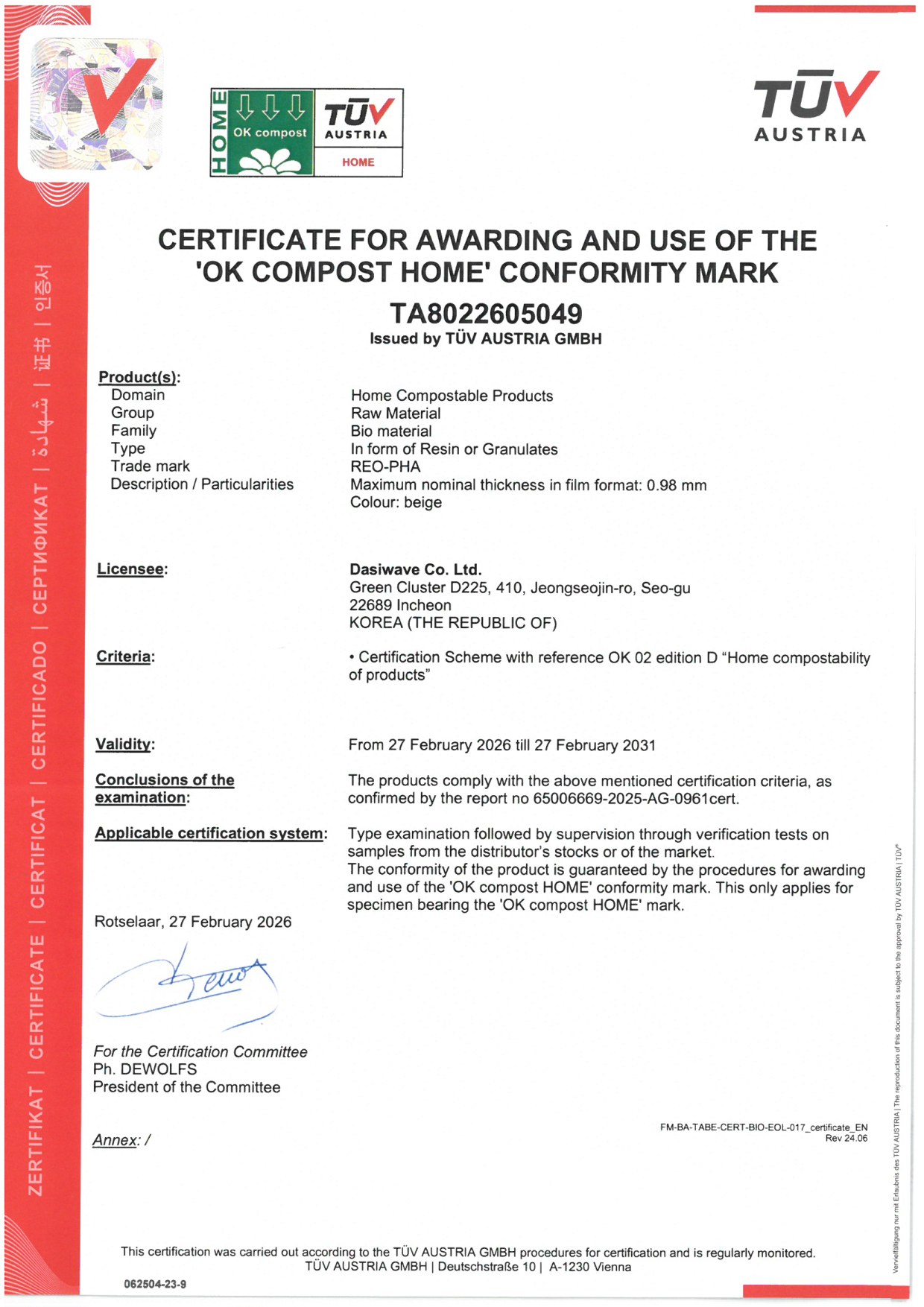 TÜV OK Compost HOME certificate — REO-PHA · TA8022605049