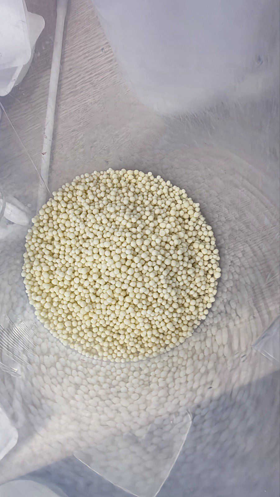 Close-up of REO-CRF001 coated fertilizer granules — uniform cream beads.